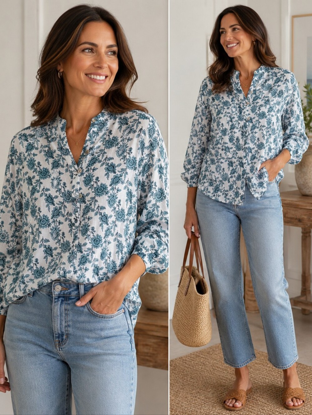 Cynthia Rowley Women's Linen Floral Print Long Sleeved Shirt